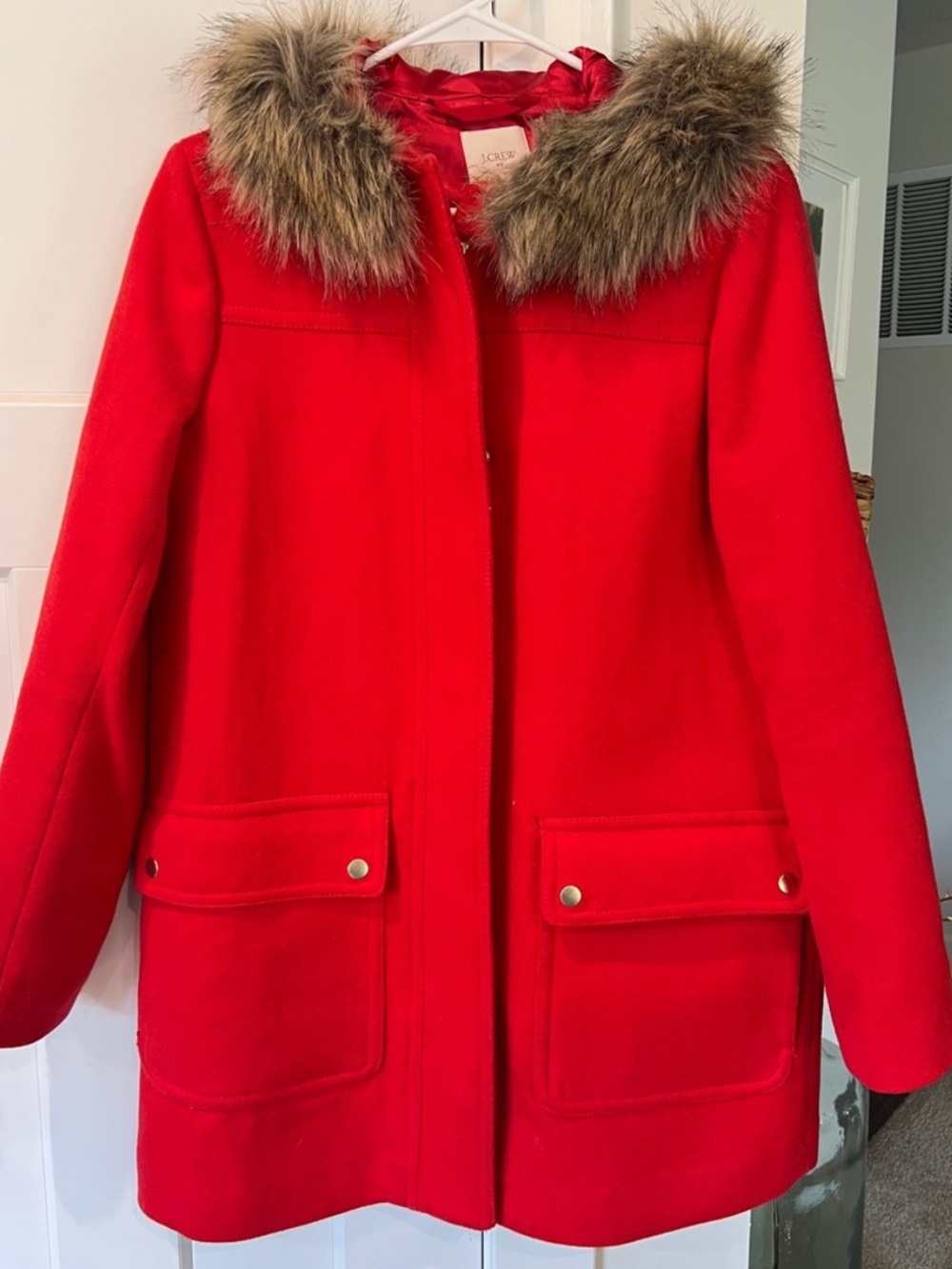 J. Crew Red Pea Coat with Faux Fur Trim